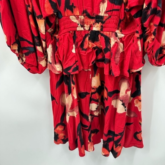 BAND OF THE FREE Dolly red floral puff sleeve woman mini bohemian dress NWT M - Picture 13 of 14
